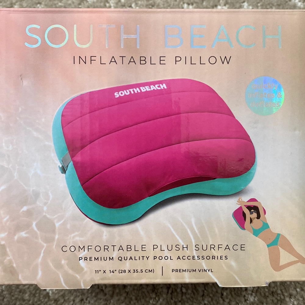 Inflatable Beach Pillow- Soft Plush Surface- Folds into Carry Case, Easy Inflate